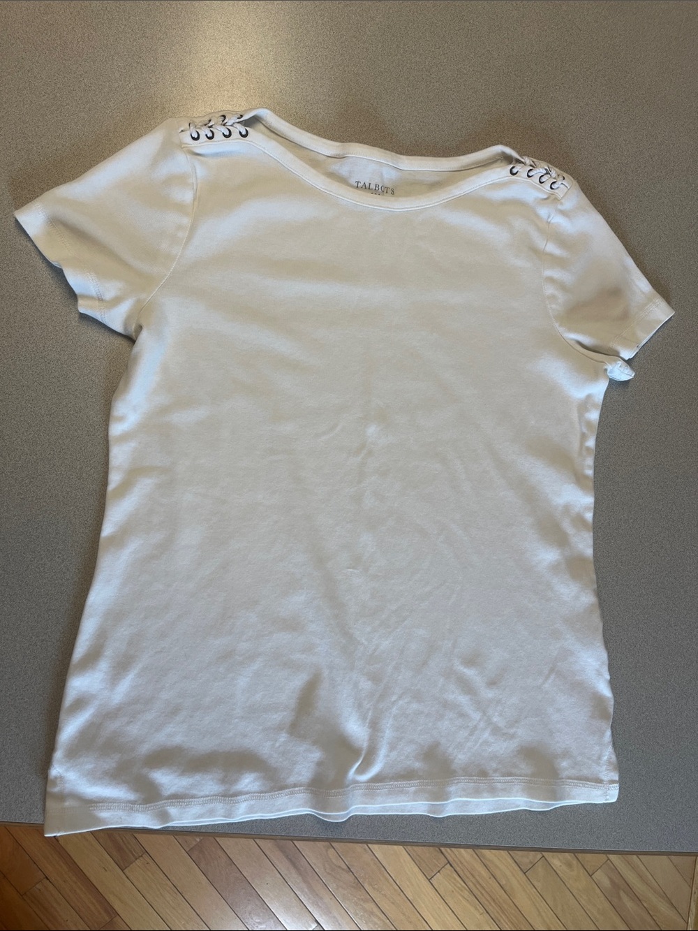 Talbots White Short-Sleeve Tee with Grommet Shoulder Detail